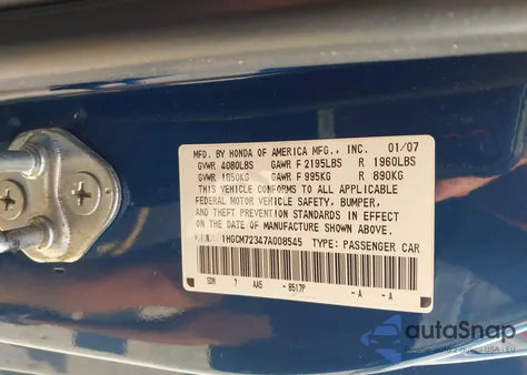 2007 Honda Accord 2.4 Lx from USA, damaged, VIN 1HGCM72347A008545